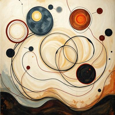 The primary subject of the image is a painting featuring a variety of circles and swirls. The setting is a white background, and the visual style appears to be a combination of digital art and illustration. The painting is predominantly orange and black, creating a vibrant and dynamic atmosphere.